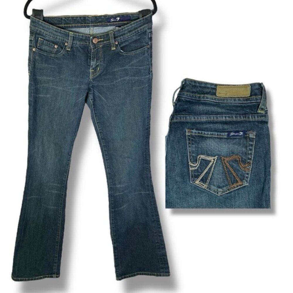 Seven7 Women Bootcut Low Rise Jeans Med Dark Wash Embroidered SZ 31 Inseam 32”